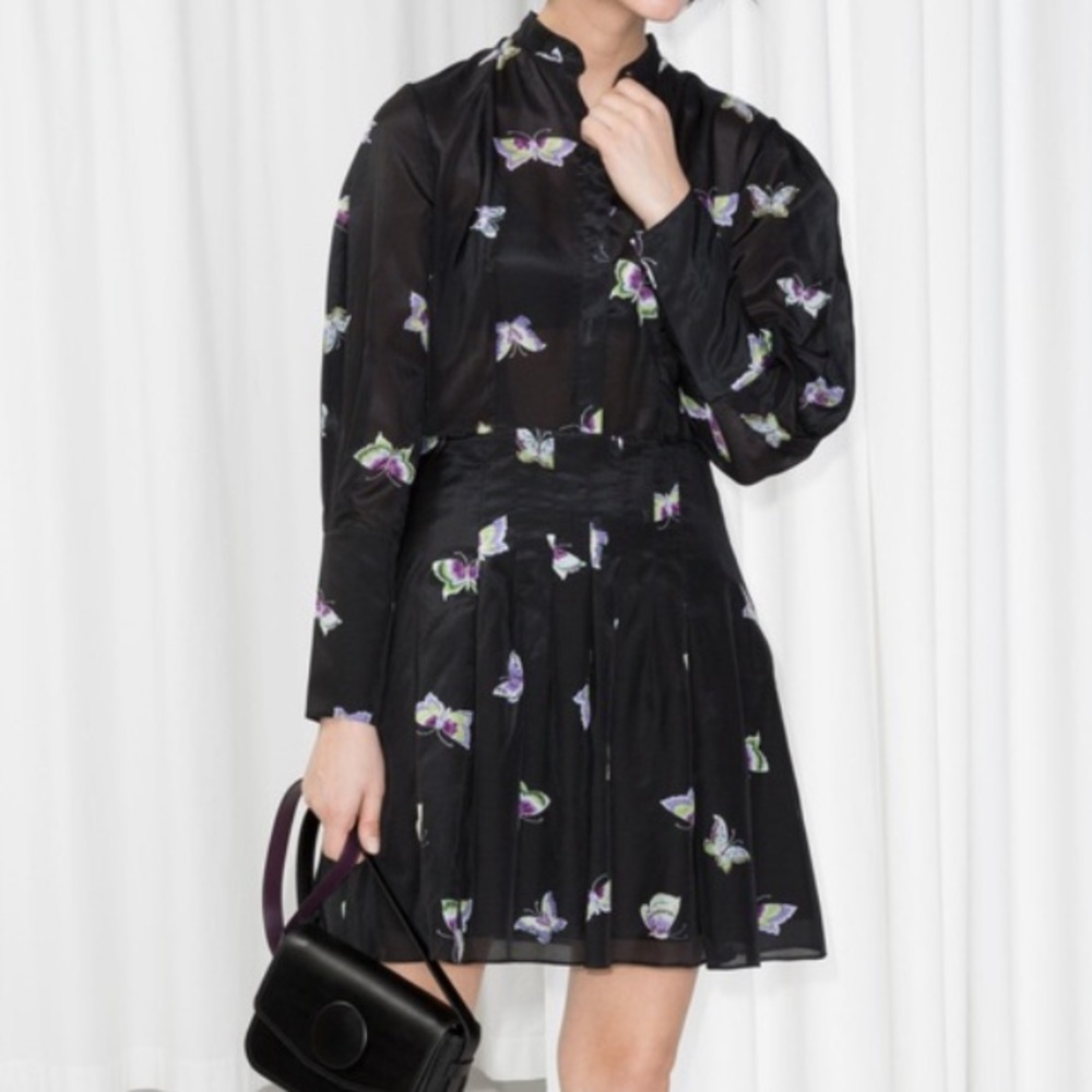 & Other Stories Butterfly Printed Silk Blend Dress Size US 8 Long Sleeve